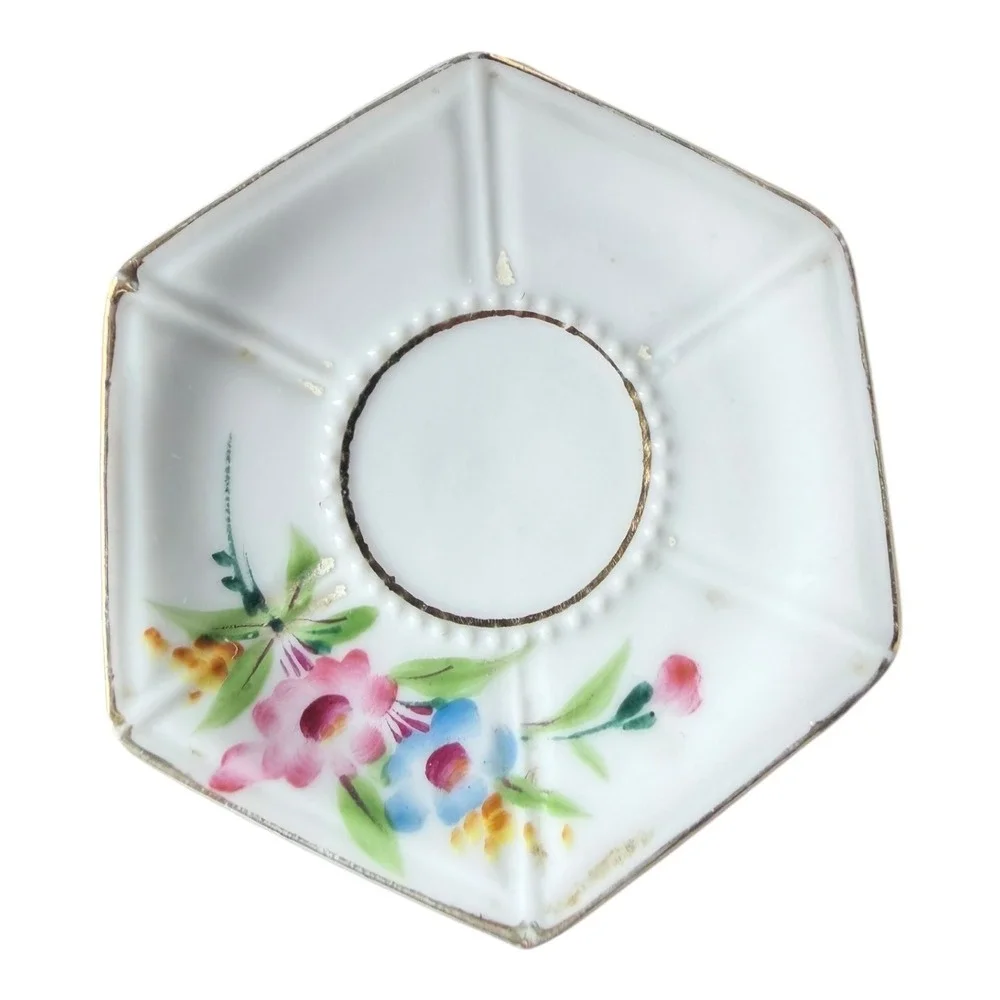 Occupied Japan Tea Cup Saucer Set Vintage‎ Hexagonal Floral Porcelain Gold Trim